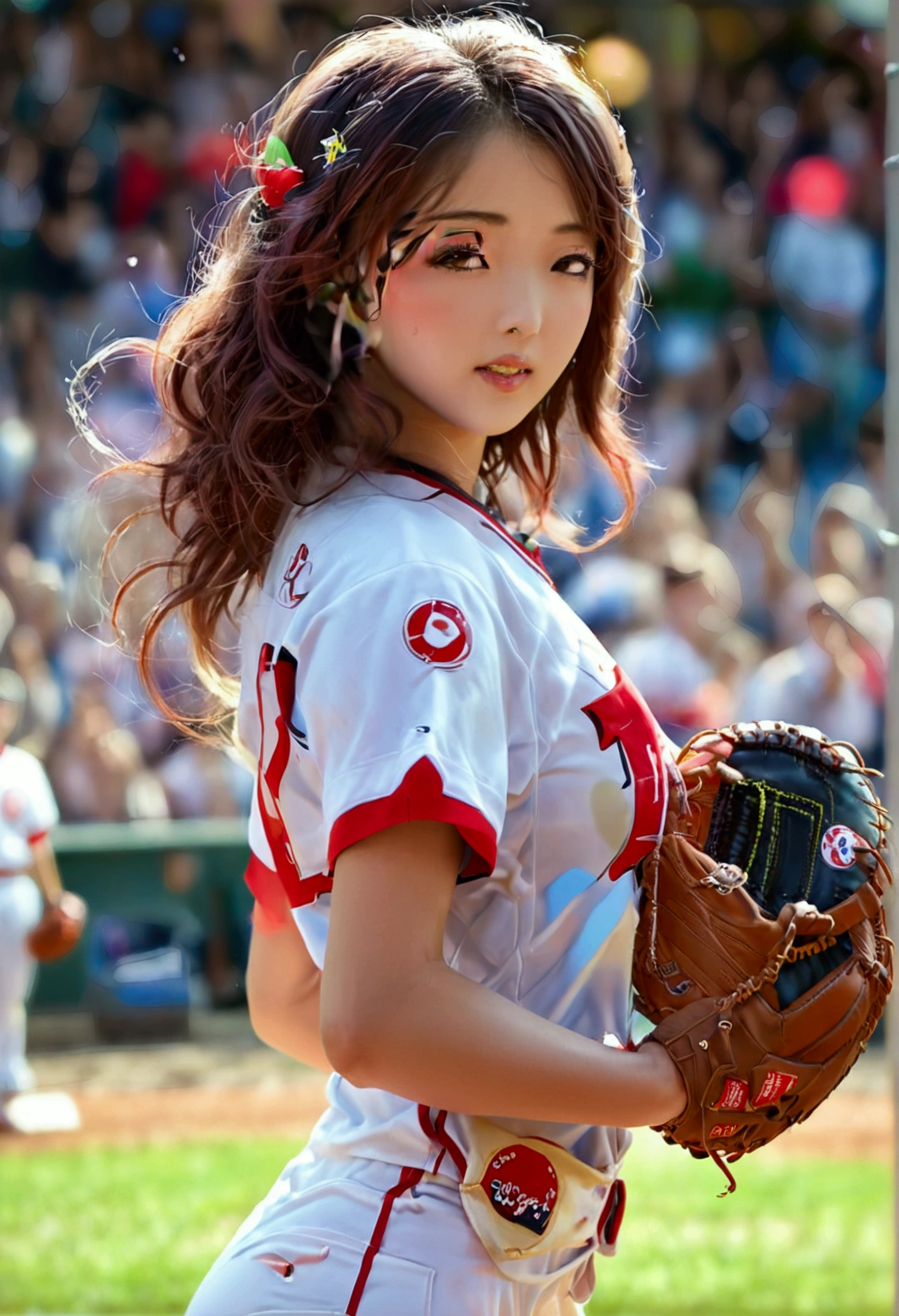 Anime-style depiction of a beautiful Japanese woman (Tatsumaki) pitching a ball in a foxy baseball uniform, with a cheering crowd and bokeh effect. Show her pitching pose. entire body shown