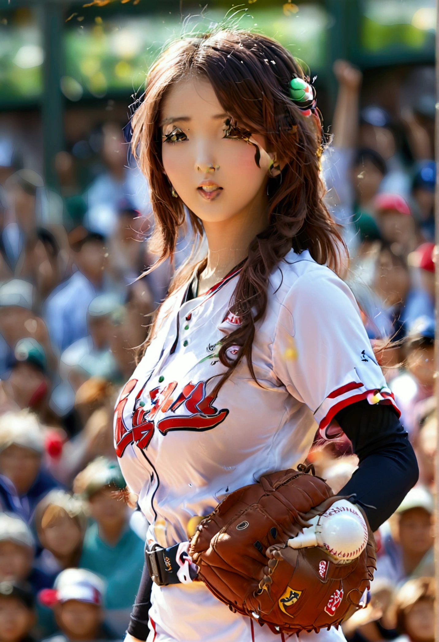 Anime-style depiction of a beautiful Japanese woman (Tatsumaki) pitching a ball in a foxy baseball uniform, with a cheering crowd and bokeh effect. Show her pitching pose. entire body shown