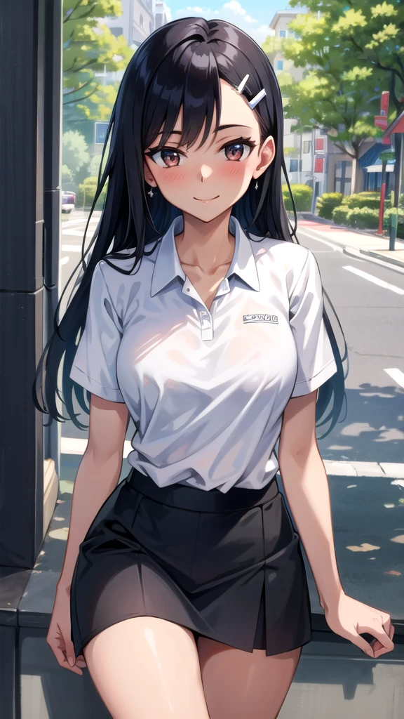 ((best quality)), ((masterpiece)), (details), one girl, sexy ((best quality)), ((masterpiece)), (details), one girl, sexy ((best quality)), ((masterpiece)), (details), one girl, full body, sexy expensive body, expensive, long legs, mature woman, mature, adult, it_nagatoro_main, Hayase Nagatoro, one girl, blushing, alone, uniform polo shirt, short sleeves, black hair,brown eyes, hair accessory, looking at viewer, hair clip, smiling, long hair, dark skinned woman, dark skin, , bangs, daytime, skirt, collared shirt, collarbone, ear clip, mouth closed, tree, asymmetrical bangs, upper body