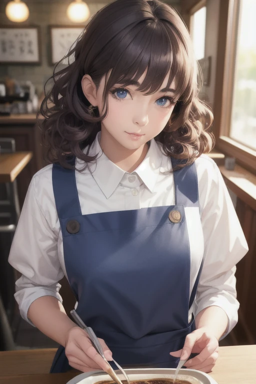 girl,Character design sheet,Beautiful attention to detail,Beautiful lip detail,Very detailed目と顔,Long eyelashes,Realistic,photoRealistic:1.37,Very detailed,Professional,Vibrant colors,Portraiture,Studio Lighting,Sharp focus,Physically Based Rendering,High resolution,超High resolution. blue eyes, Long Hair,Curly hair、Black Hair,Lower eyes,apron,White Shirt,Chino pants,Coffee shop