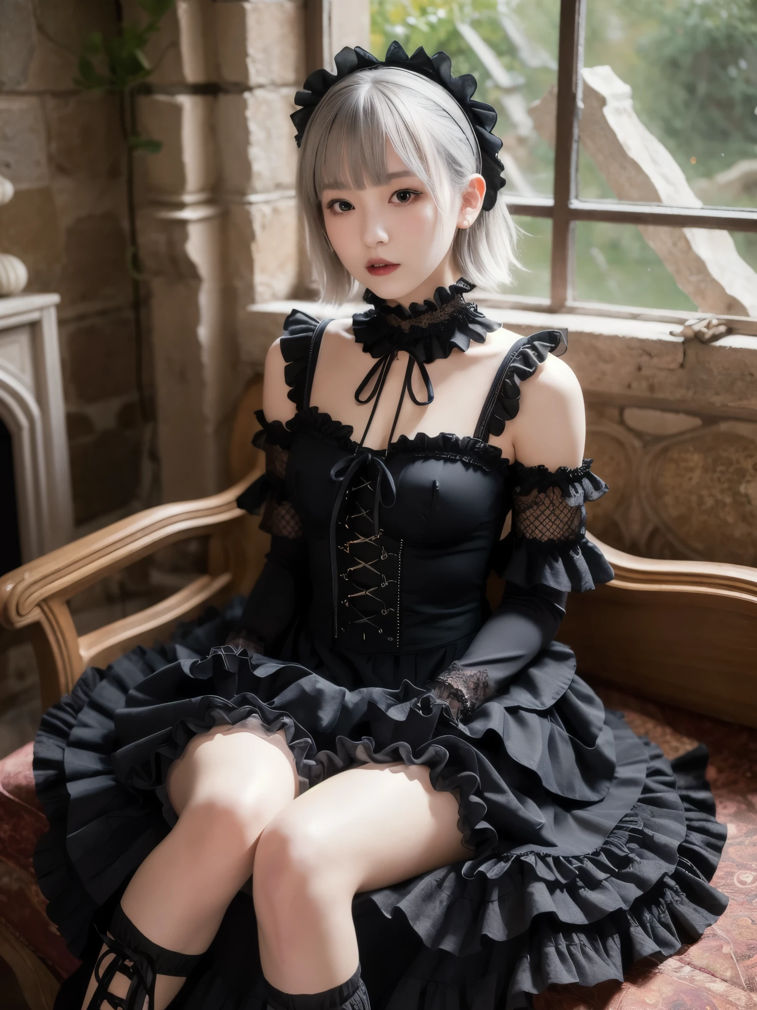 (8K, Photorealistic, Raw photo, Highest quality: 1.4),Japanese idol-style beautiful girl,model,1 person,18-year-old,(Short Bob),(Silver Hair :1.1),She has her hair tucked behind her ears,Headband,Clear grey eyes,Long eyelashes,(piercings(small)),(Pale, lifeless skin(Foundation)),(Lip gloss(Black :1.1)),thin long neck,Large Breasts,(Lace gloves),(gothic lolita dress(Frills,Puffy long skirt :1.1)),(layer),(Fishnet tights),Lolita Shoes,Sitting in a chair,(Legs are V-shaped),(Background of a room with heavy Gothic-style stone stained glass),Full body portrait