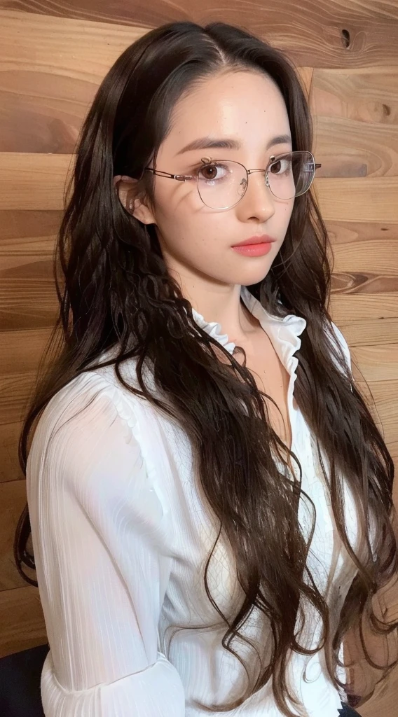 ((Best quality, 8k, Masterpiece :1.3)), Sharp focus:1.2, Perfect Body Beauty:1.4, Slim Abs:1.2, big breast:1.4, ((side comma wavy long hairstyle:1.4)) ((showing forehead:1.2)), (white blouse shirt:1.1), (School:1.2), Highly detailed face and skin texture, Fine eyes, Double eyelids, half-rim glasses