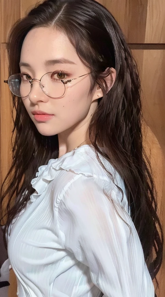 ((Best quality, 8k, Masterpiece :1.3)), Sharp focus:1.2, Perfect Body Beauty:1.4, Slim Abs:1.2, big breast:1.4, ((side comma wavy long hairstyle:1.4)) ((showing forehead:1.2)), (white blouse shirt:1.1), (School:1.2), Highly detailed face and skin texture, Fine eyes, Double eyelids, half-rim glasses