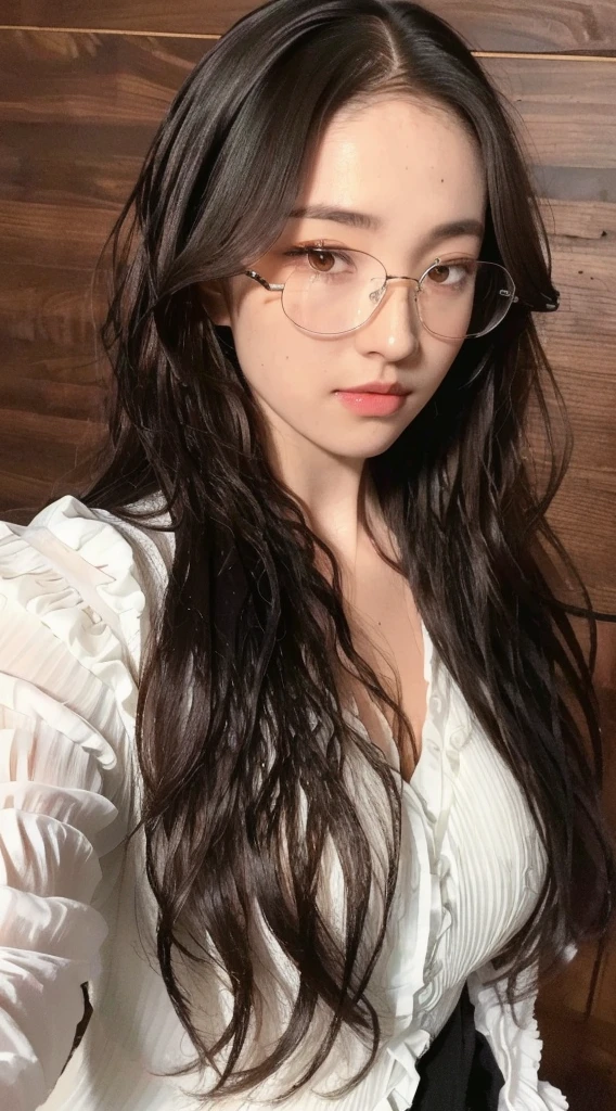 ((Best quality, 8k, Masterpiece :1.3)), Sharp focus:1.2, Perfect Body Beauty:1.4, Slim Abs:1.2, big breast:1.4, ((side comma wavy long hairstyle:1.4)) ((showing forehead:1.2)), (white blouse shirt:1.1), (School:1.2), Highly detailed face and skin texture, Fine eyes, Double eyelids, half-rim glasses