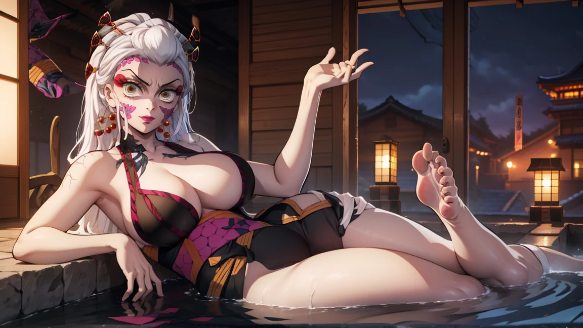 One Demon Girl, looks at the camera, Portrait of a girl, Beautiful waist, night, ancient japan, very sexy, In the bath, grin, fangs, mouth open, fangs, smile, White hair, erotica, very sexy, beautiful body is completely visible, masterpiece, Best quality, full length (Full body 1.1.), Beautiful waist, good feet, high quality, long hair, White hair с зелеными кончиками. Highly detailed face, depth of field, HDR, very detailed, ray tracing, whole body, dark fantasy, Demon&#39;s tattoo, very beautiful, Beautiful ., 1 girl, solo, I look at the viewer, black hair, hair ornament, jewelry, closed mouth, green eyes, yellow eyes, japanese clothes, kimono, draw up, pomade, slit pupils, Brilliant eyes, wicked, Red lips, hair stick