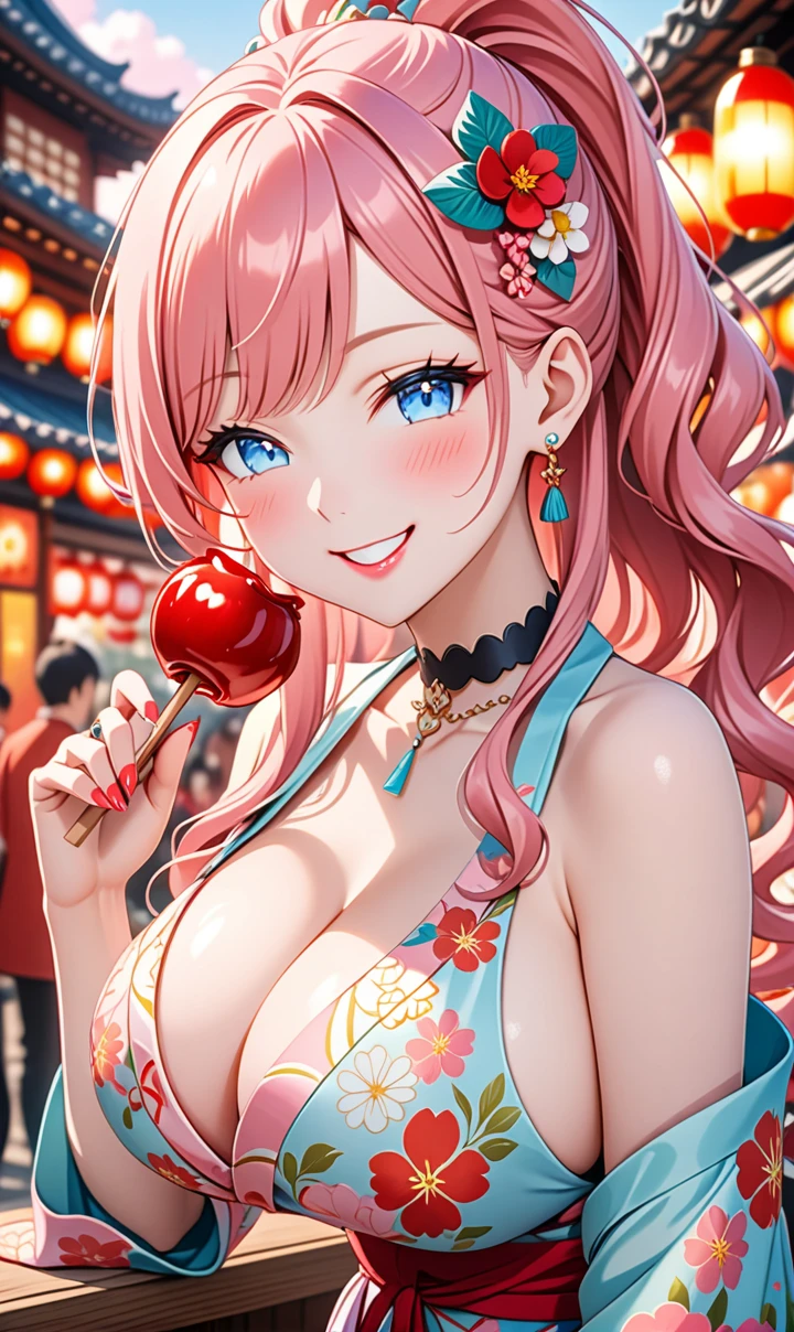 Super detailed, ((One personの少女)), (Pale skin:1.4), Pastel colored gal, (Heavy makeup), (Professional Lighting) Super detailed, Absurd, 8K, Beautiful Face, (Laugh shyly), ((Teasing Smile:1.8)), ((Wink:1.7)), (Laugh with your mouth wide open),((Tilt your face:1.6)), View your audience, ((Bright red cheeks:1.6)),Glossy Red Lips, ((Big Breasts:1.6)),  ((Take off:1.2)), noon,  Shrine Festivals,stall, ((Licking a candy apple stick:1.3)), ((Anime style background)),masterpiece, Highest quality, so beautiful,up to date, Complex details, (Pink long nails), (nail art), (ring),(bracelet), (Floral Choker),AI-generated, Complex,High resolution, Highest quality, super high quality,3D Images、3D Images,One person,Pastel pink long hair,(High Ponytail), (Wavy Hair:1.3), Pastel colored anime woman posing for a photo, ((fine grain、blue eyes、Glowing Eyes:1.4)), (Squint your eyes:1.1), (one eye closed:1.6), a hyperRealistic , hyperRealistic , Realistic,Anime woman with long pastel pink hair, Smooth anime CG art, A girl wearing a gorgeous kimono in pastel colors, ((Pastel-colored furisode)),(Pink large floral pattern), (Side bust),  Long flower hair ornament,Floral Earrings, Mature Body, expensive,Tight waist,((From the side)), ((Leaning forward:1.2)),