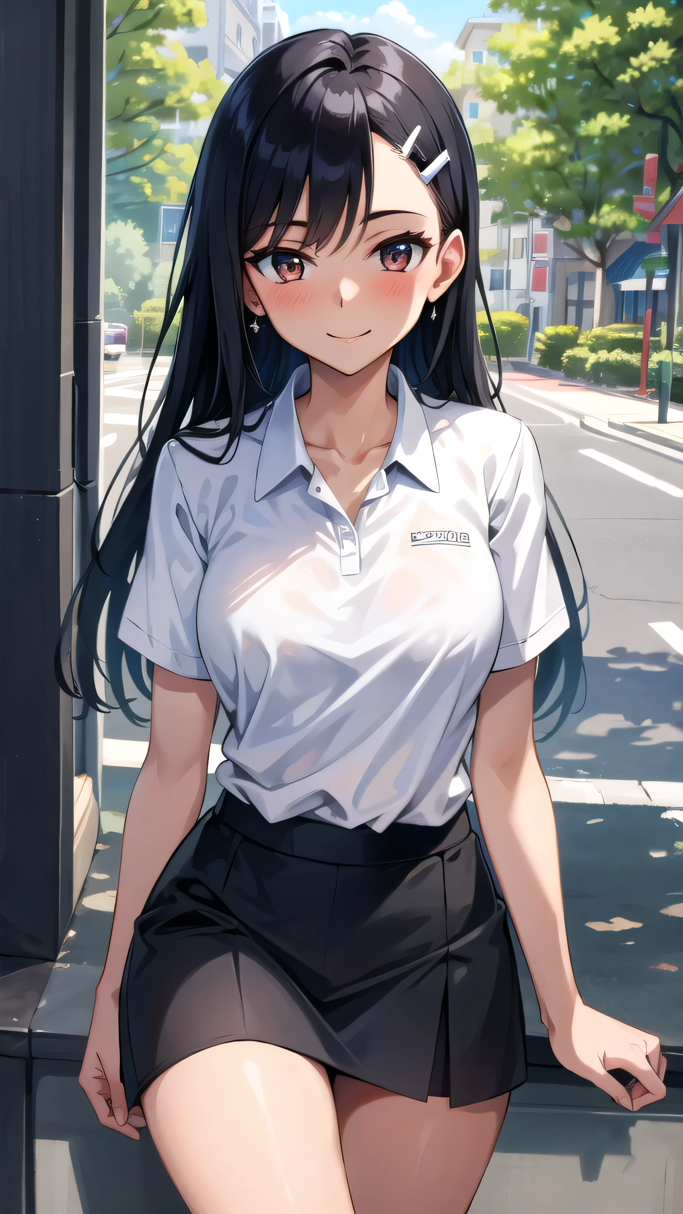 ((best quality)), ((masterpiece)), (details), one girl, sexy ((best quality)), ((masterpiece)), (details), one girl, sexy ((best quality)), ((masterpiece)), (details), one girl, full body, sexy expensive body, expensive, long legs, mature woman, mature, adult, it_nagatoro_main, Hayase Nagatoro, one girl, blushing, alone, uniform polo shirt, short sleeves, black hair,brown eyes, hair accessory, looking at viewer, hair clip, smiling, long hair, dark skinned woman, dark skin, , bangs, daytime, skirt, collared shirt, collarbone, ear clip, mouth closed, tree, asymmetrical bangs, upper body