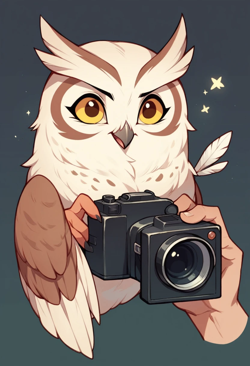 A owl bird, cute, white feather, with camera, simple dark background, big yellow eyes