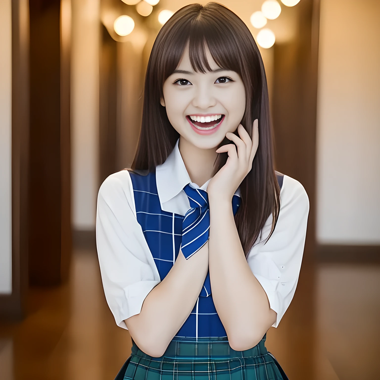 (Highest quality, masterpiece:1.2), Highest quality, High resolution, 1080P, 8K, height: 158cm, ((A noble and intelligent girl who looks like a cute Japanese young lady is giggling while magically hypnotizing the viewer)), ((So sweet, very noble, cute and pretty Japanese beautiful cute girl)), ((A real, very girly, sweet, cute and noble girl)), ((Many evil beautiful dolls in the background)), ((((14 years old, Popular Japanese cute fashion models)))), ((((Very pure white face and limbs)))), Glossy Lips, (Evenly cut bangs), ((Very beautiful, smiling brown, droopy, cute, pure, noble eyes)), ((Super long, straight black hair that reaches the floor)), Very shiny, Glossy Lips, Open hand over open mouth, Beautiful straight hair like a hair model, Watch and laugh at your audience, ((Incredibly well organized, Rich facial expressions. Plump and beautiful white skin and face)), ((Pure, clear, gentle smiling eyes)), ((Smile at me)), Glossy Lips, ((Noble and elegant)), ((As the succubus charms you with her magic and giggles)), ((((Succubus is fascinating、Calling to the depths of eternity)))), Very beautiful blue skirt, ((Large upward-curving lips)), ((Look directly at the viewer)), White Hand, ((Navy Japanese School Blazer, Navy and sapphire blue Japanese school uniform tartan check pattern pleated long skirt, Blue string ribbon tie)), ((((An ecstatic expression of boundless joy)))), ((Black background))