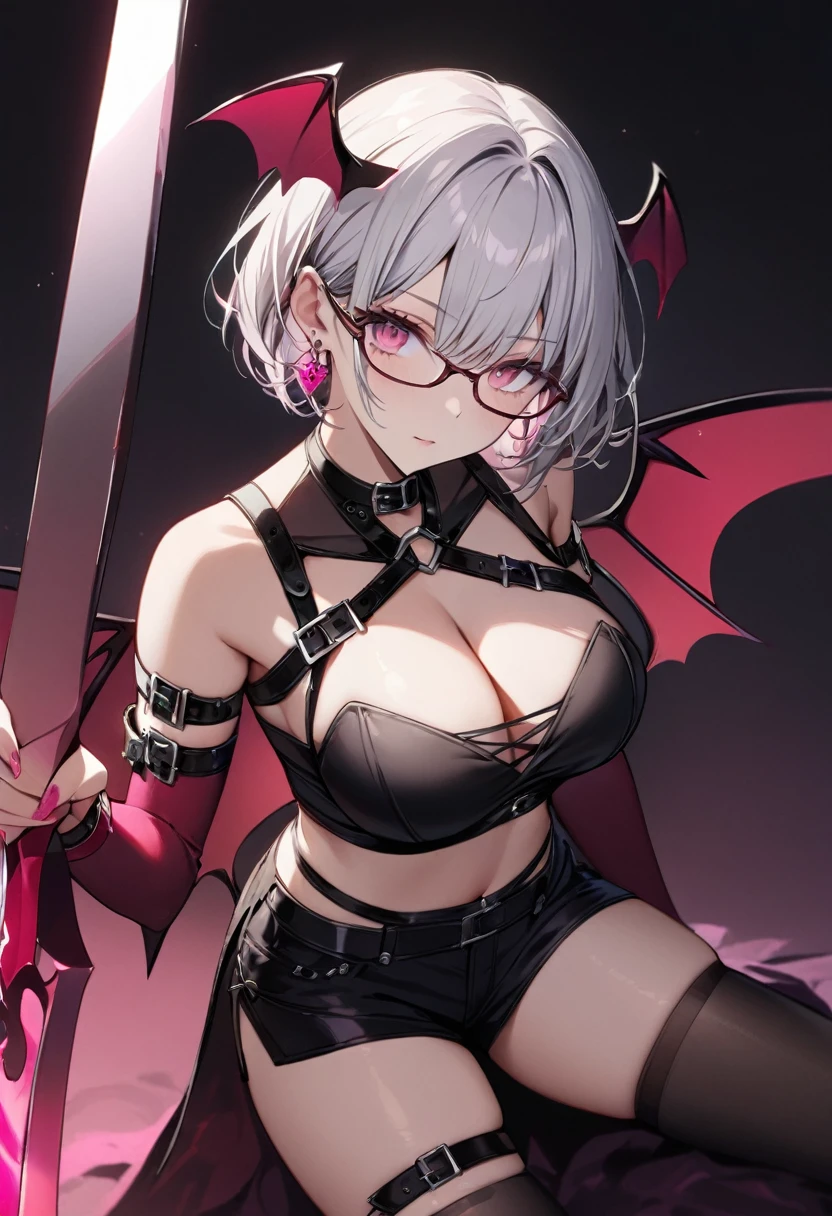 masterpiece, best quality, 1girl, solo, adult, silver hair, short hair, wearing glasses, earrings, pink eyes, detailed face, black crop top, large breasts, shorts, stocking, arm belt, infront of viewer, empty look, succubus wings, holding the sword of darkness, 