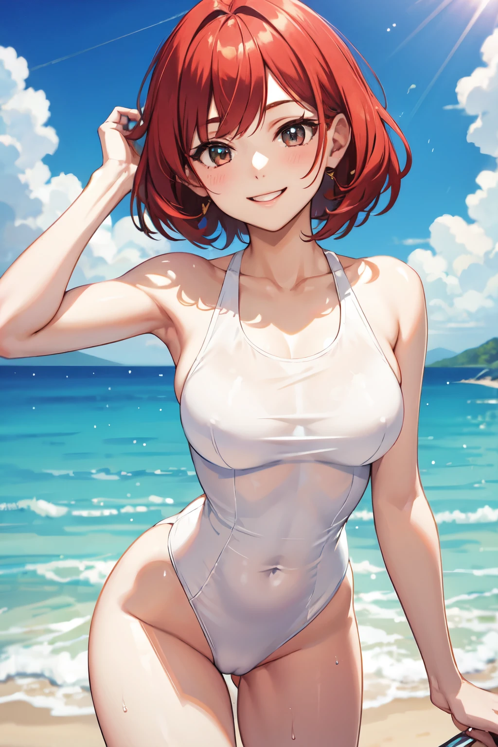 high school girl,Lewd,White swimsuit,Red Hair,smile