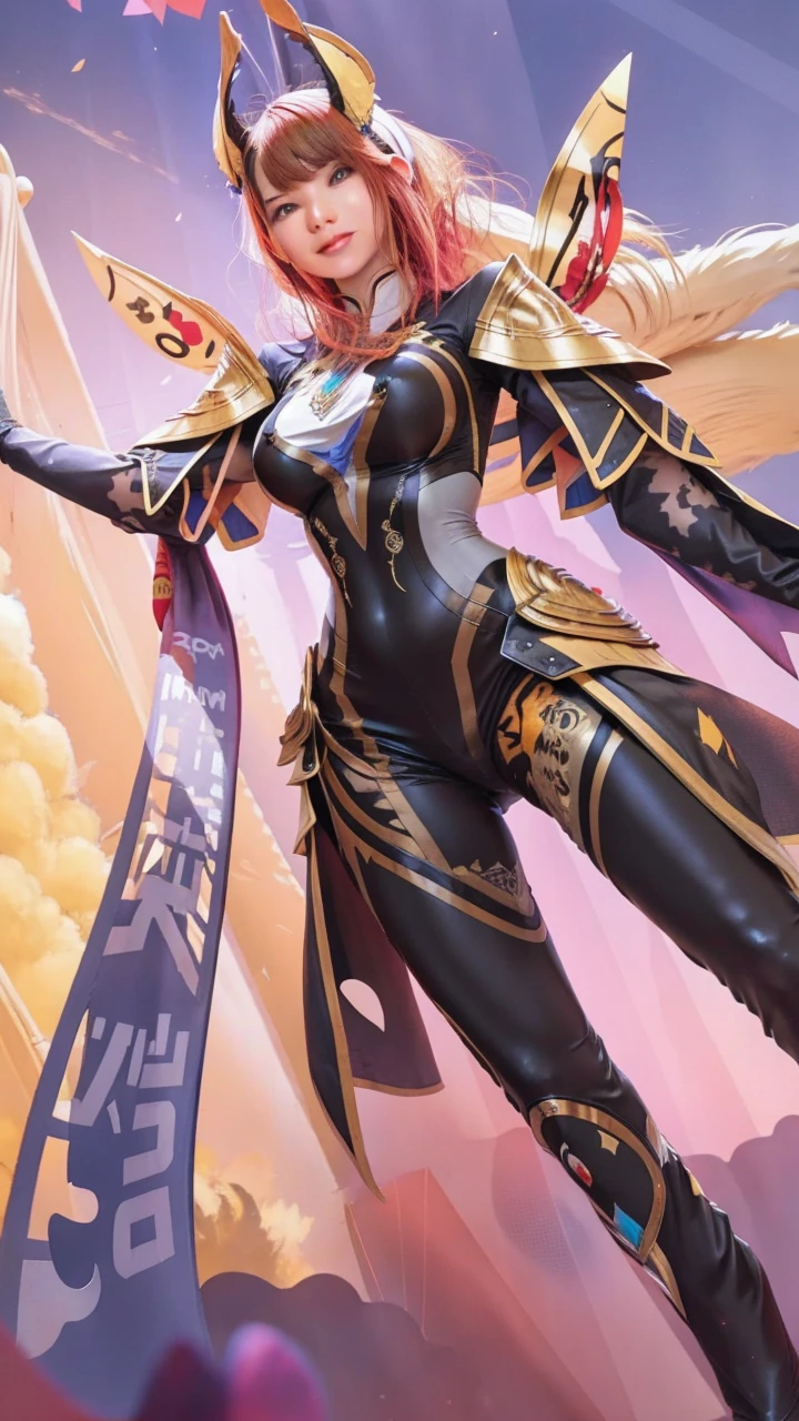 Change the Face expression to be coolest expression, but she's smile with Asian humanities, and 3D graphics