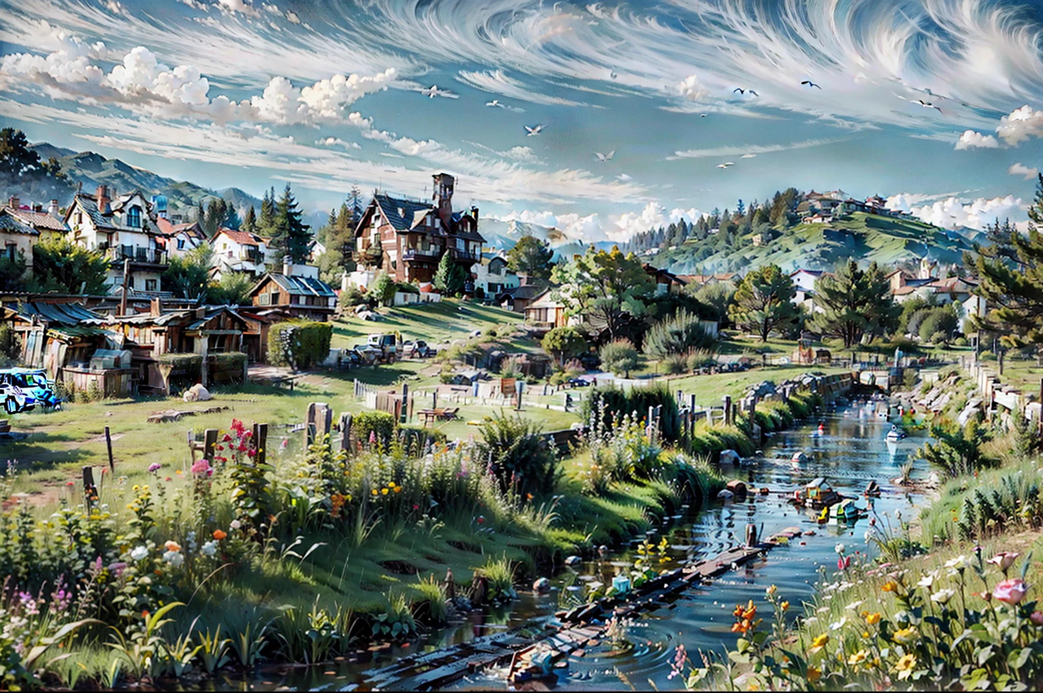 Painting of a small town with a river running through it - SeaArt AI