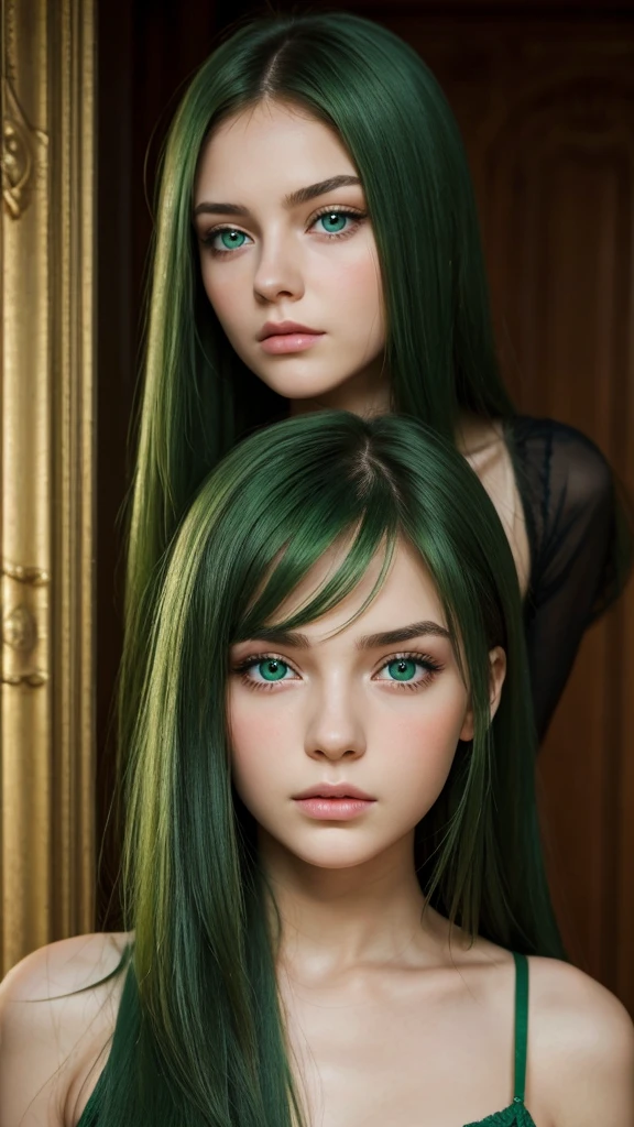 a girl. face sent feeling. Europe. Oval face. long face. delicate facial features. sad eyes. seductively seductive. green eyes. long straight hair. green hair. Sad and disappointed expression.