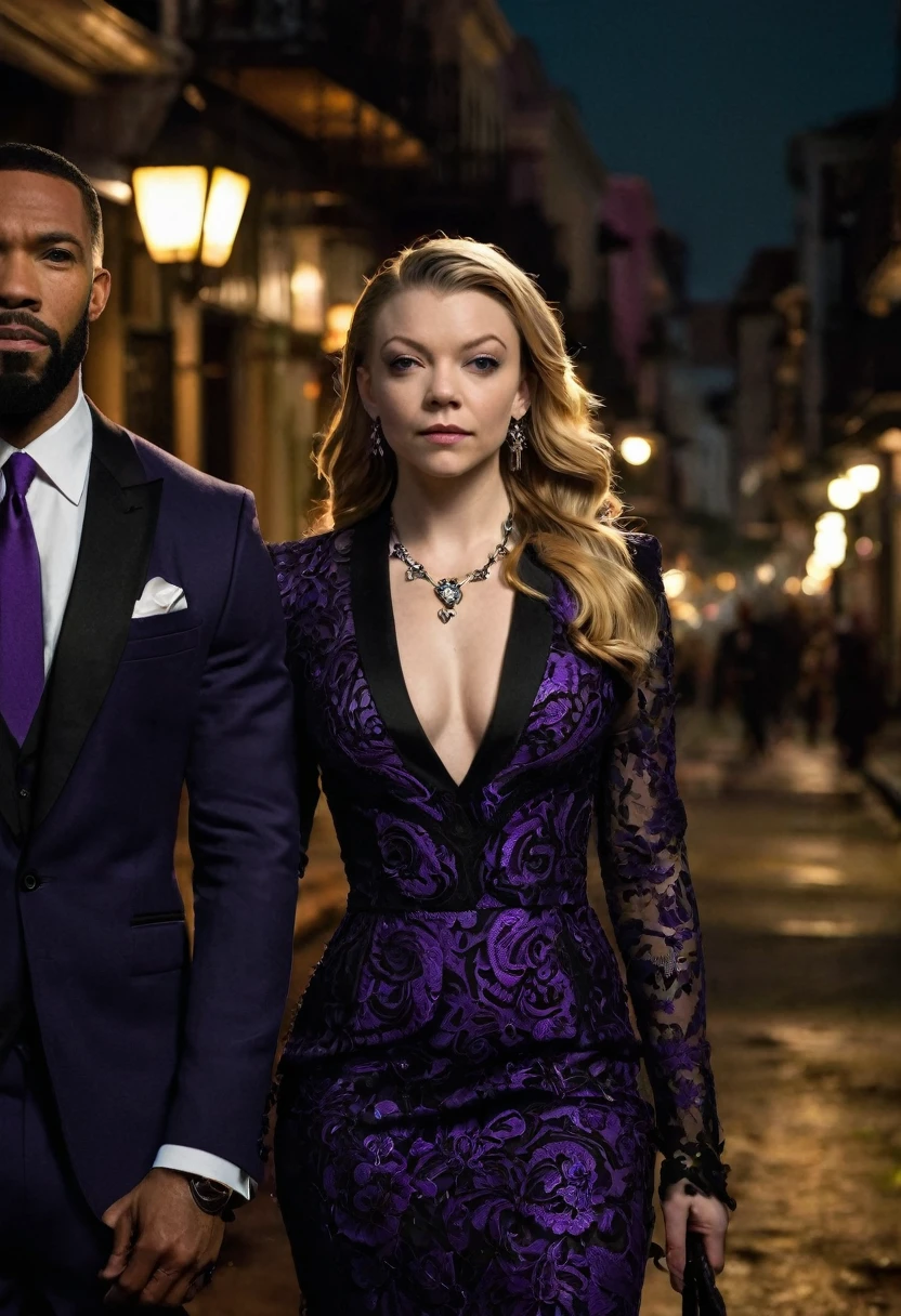 Natalie Dormer as Maman Brigitte and a handsome African American male whose facial features are a combo of Omari Hardwick + Nathan Mitchell + Yusuf Gatewood as Baron Samedi enjoy an evening stroll. Both are dressed attractively for a night on the town in New Orleans, Louisiana. The male wears a sleek black-and-purple three-piece suit. Natalie wears a white lace dress. Natalie has lovely makeup on her face. Nighttime. Gothic romantic ambiance. Symmetrical eyes. Symmetrical faces. Lovely details. Photorealistic. Full-colored photo. Professional photo. Highly detailed 8K.