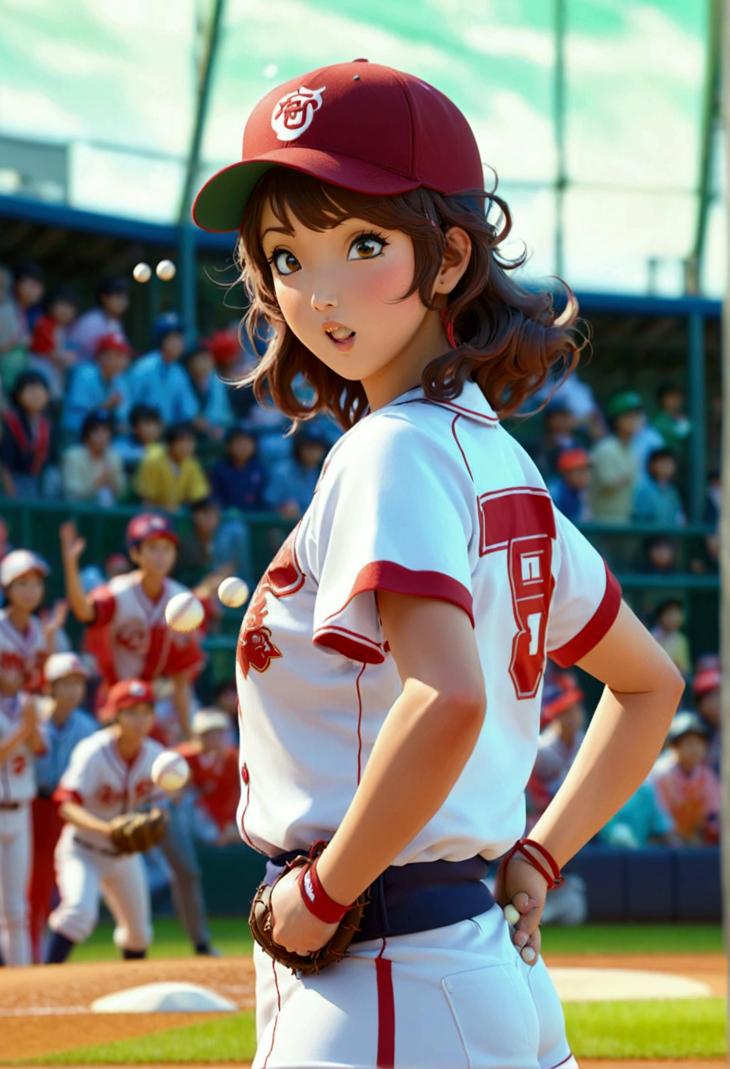 A beautiful Japanese woman (Tatsumaki) in a foxy baseball uniform pitching a ball, dynamic pitching pose, crowd cheering in the background, bokeh effect, anime style, highly detailed, intricate, vibrant colors, cinematic lighting, photorealistic, masterpiece