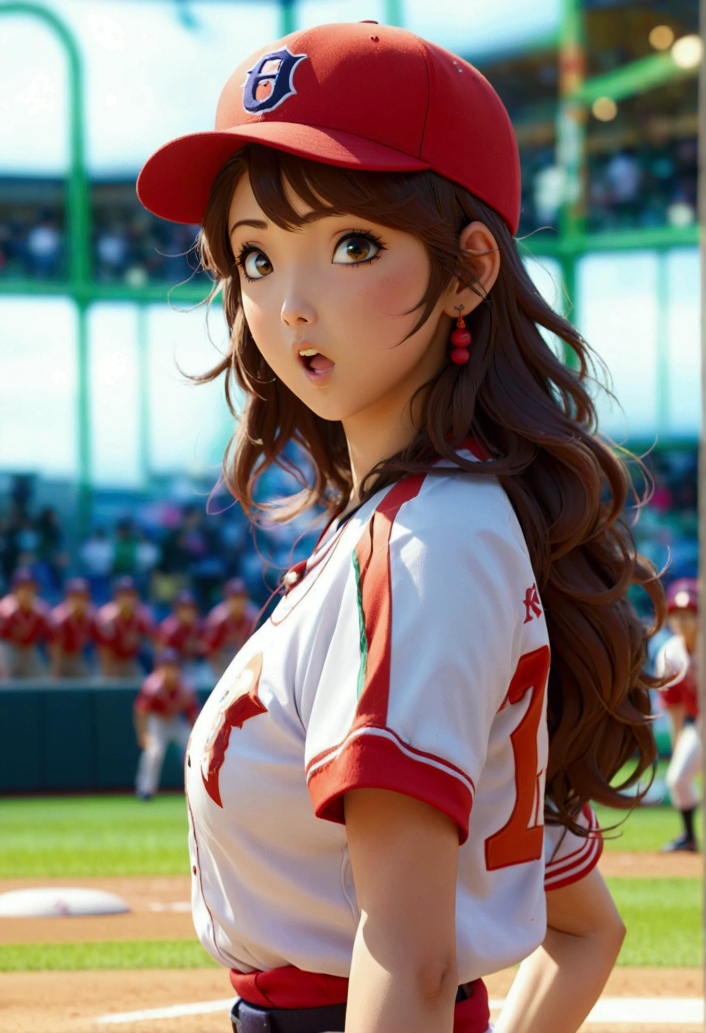 A beautiful Japanese woman (Tatsumaki) in a foxy baseball uniform pitching a ball, dynamic pitching pose, crowd cheering in the background, bokeh effect, anime style, highly detailed, intricate, vibrant colors, cinematic lighting, photorealistic, masterpiece