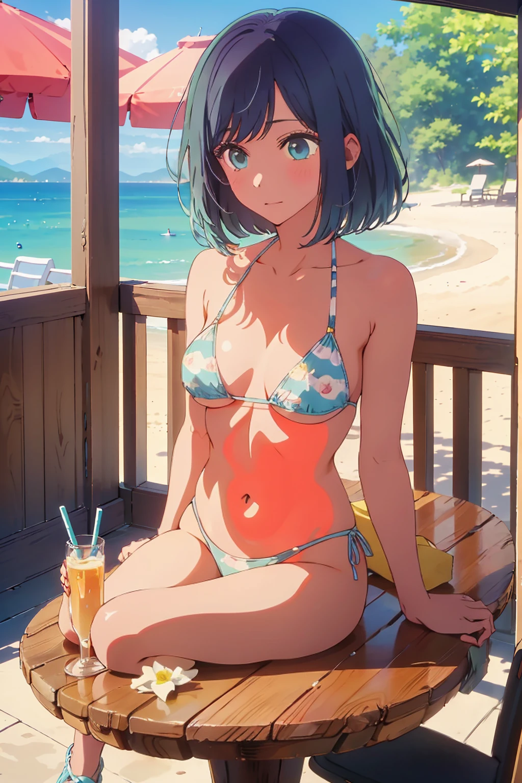 (Highest quality:1.4、masterpiece:1.4、Super detailed:1.4、8K:1.4)、((((1 person、Surprised expression、sit、Cafe Terrace、coastal、juice、table、Sandy Beach、juiceのグラスを持つ、Very soft boobs、Big eyes、Very cute face))))、(Nipples、Areolas protrude from bikini:1.4、nude)、F cup bust、Medium breast、Underboob