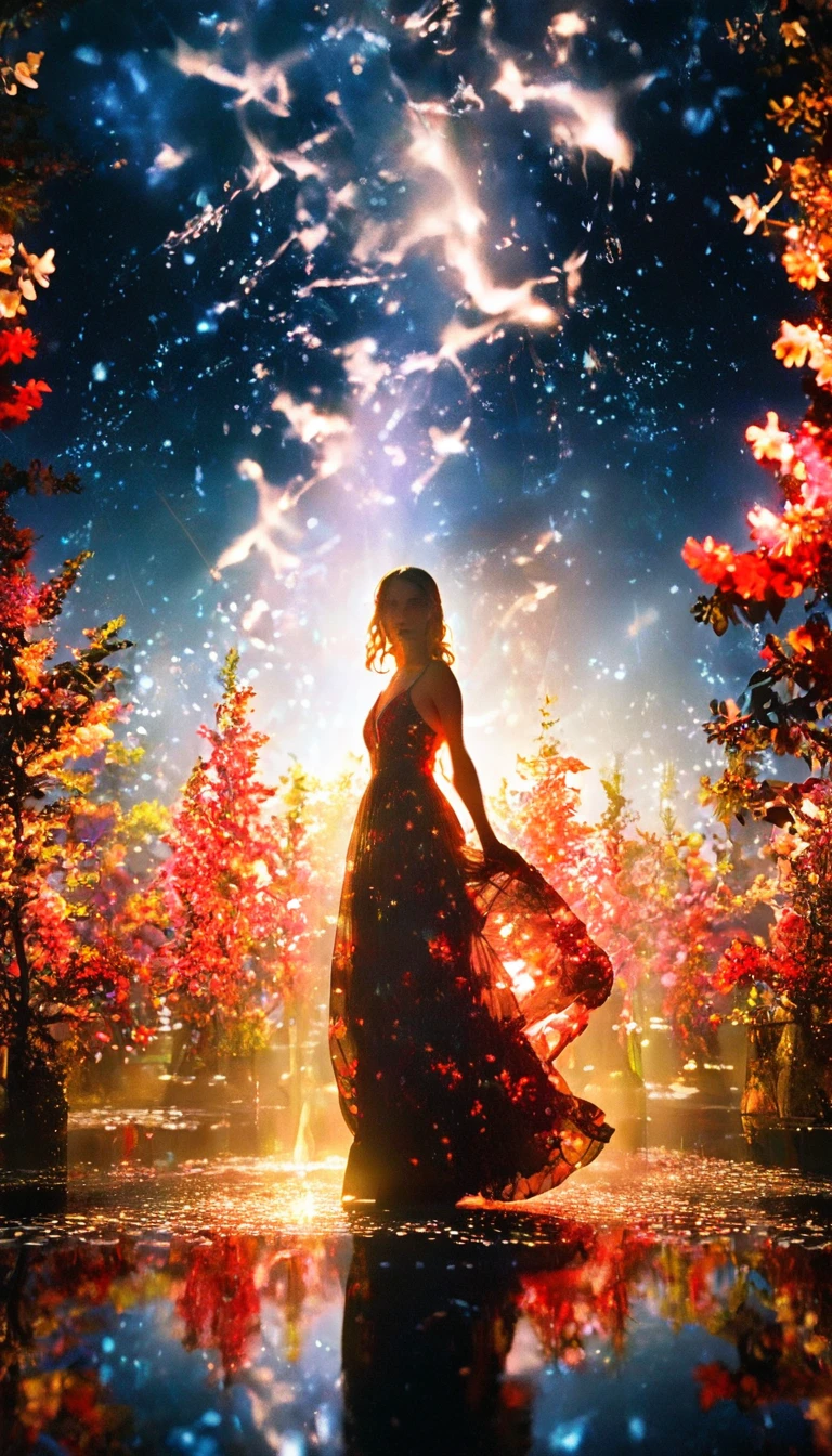 Ray Tracing Styles, A beautiful white woman in a long dress、Standing on a shining island surrounded by floating red flowers。. The black sky is reflected in the neon lights、A yellow light shines from behind her. In the center is a small tree that glows like a fire.. In the background、Another figure dressed in black stands in the distance.。