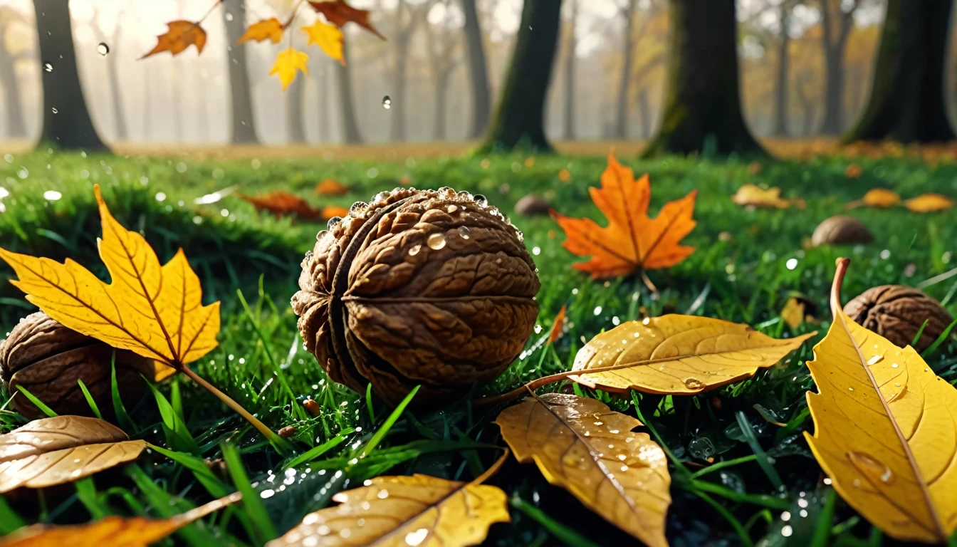 there is a walnut that is sitting on the grass, magical leafs falling, nature documentry footage, youtube video screenshot, today's featured photography 4k, autumn rain turkel, nature photography 4k, november, cinematic widescreen shot, leaves and magic, high quality screenshot, 2 0 2 1 cinematic 4 k framegrab, wide screenshot