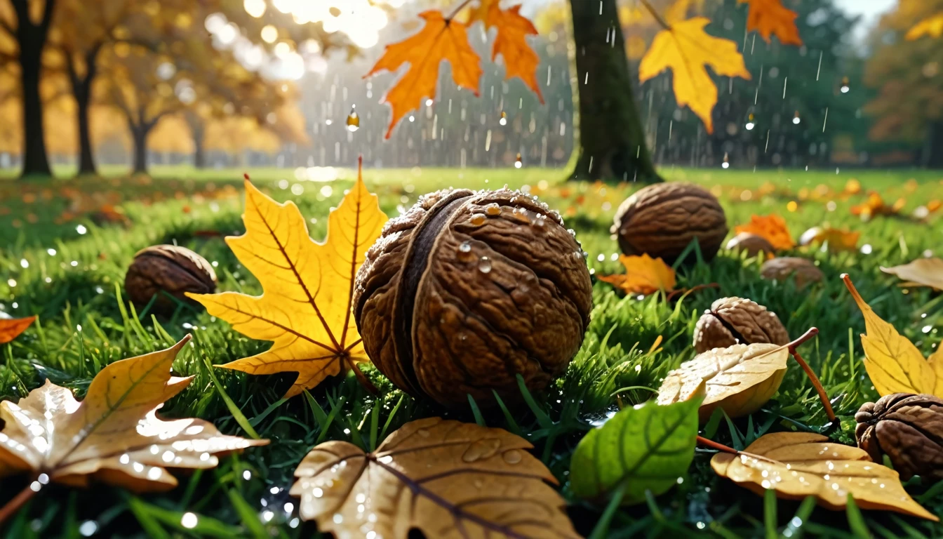 there is a walnut that is sitting on the grass, magical leafs falling, nature documentry footage, youtube video screenshot, today's featured photography 4k, autumn rain turkel, nature photography 4k, november, cinematic widescreen shot, leaves and magic, high quality screenshot, 2 0 2 1 cinematic 4 k framegrab, wide screenshot