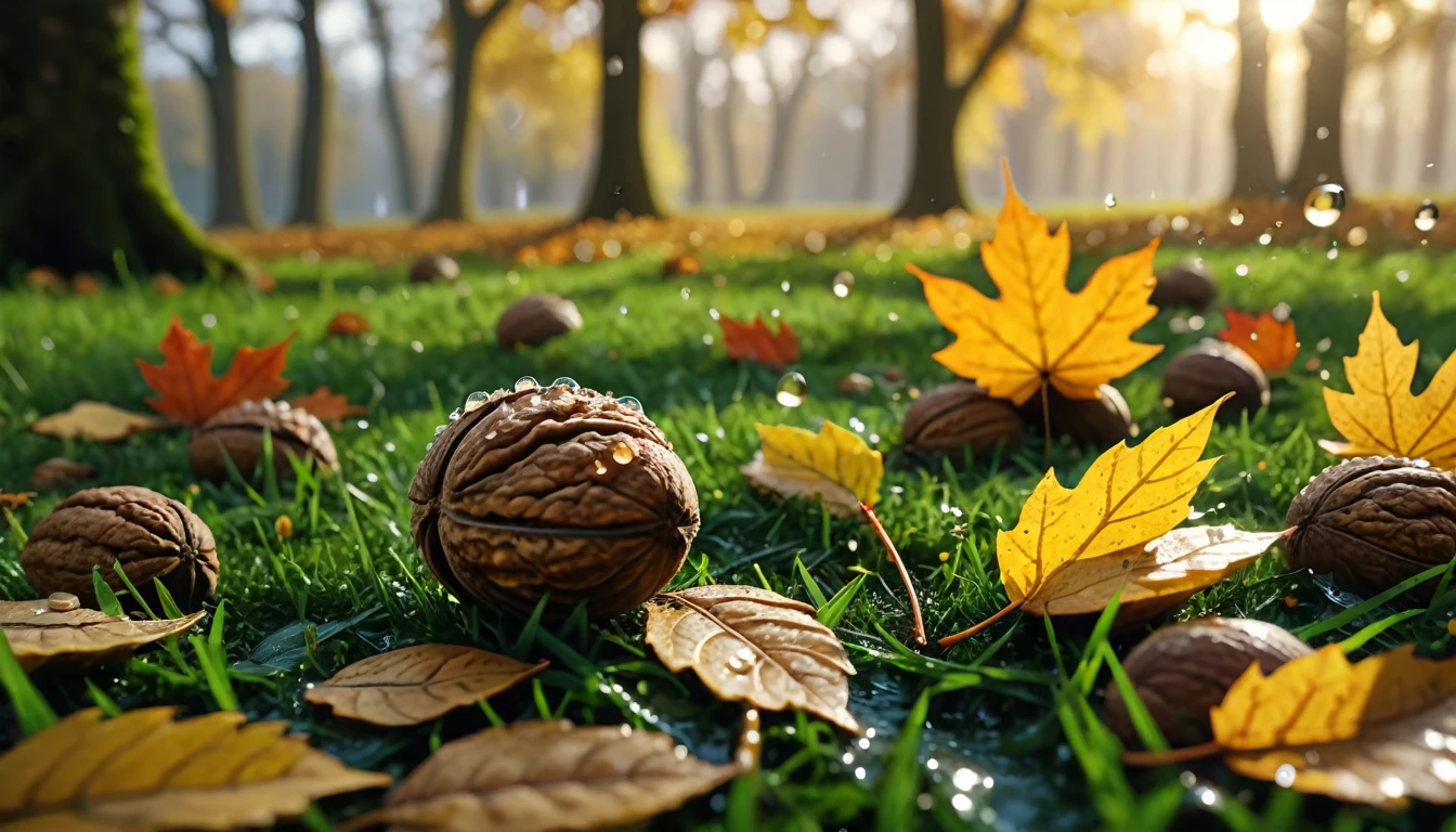 there is a walnut that is sitting on the grass, magical leafs falling, nature documentry footage, youtube video screenshot, today's featured photography 4k, autumn rain turkel, nature photography 4k, november, cinematic widescreen shot, leaves and magic, high quality screenshot, 2 0 2 1 cinematic 4 k framegrab, wide screenshot
