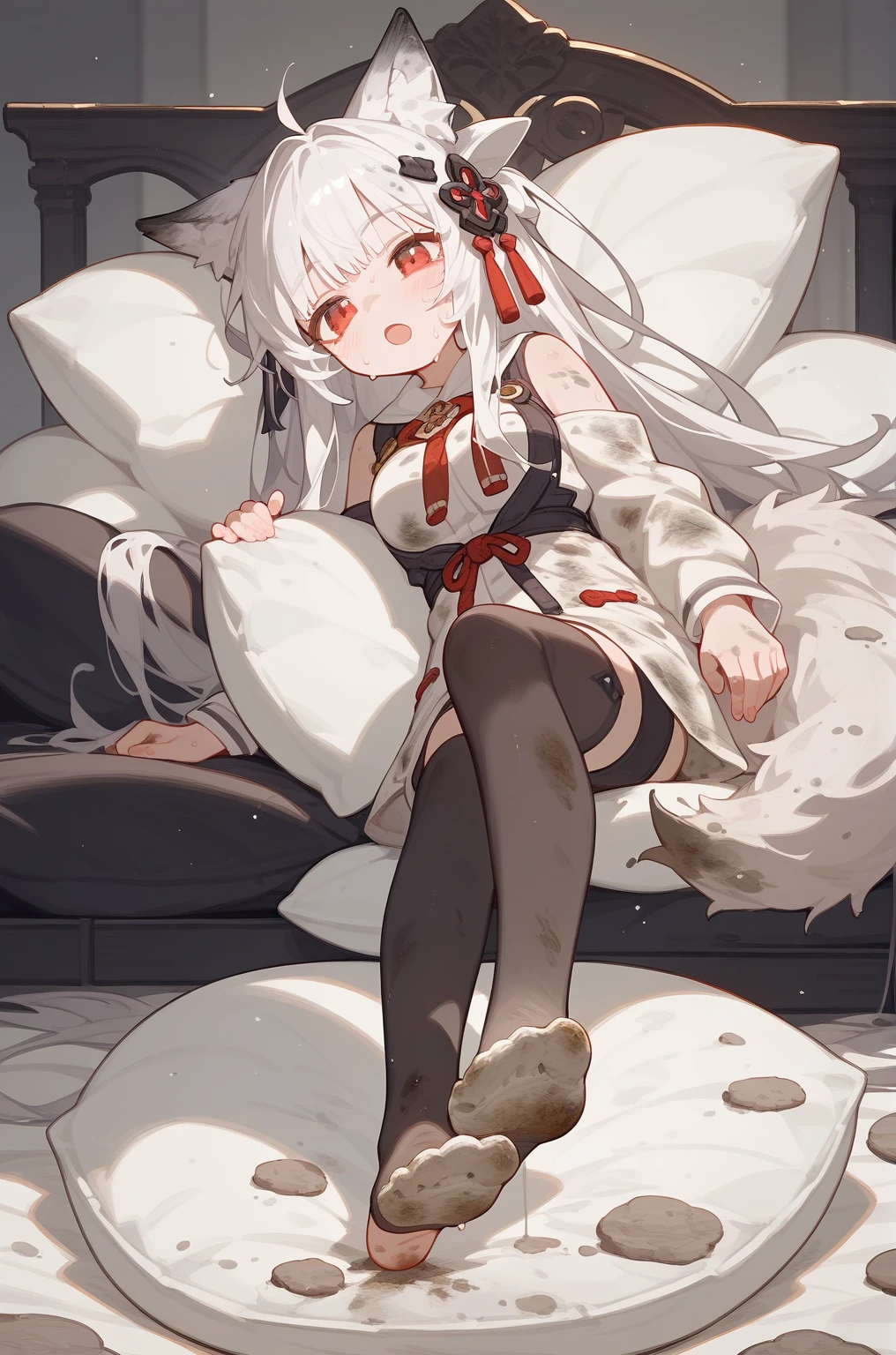 1 girl,dirty,foot,foot底,Red Eyes,breast,solitary,Long hair,White hair,,foot趾,foot部焦点,Looking at the audience,sit,Sweat,open mouth,dirty foot,Keep,indoor,Pillow,Bangs,White knee socks,Fox ears,There'foot的泥土,White clothes,kimono,Japanese style,dirtyPillow,dirty床,女孩周围堆满Pillow,女孩踩踏2着Pillow,大量Pillow,Pillow上肮脏,,(Deluxe Rococo Canopy King Bed),On a big and spacious bed,(),,,,Luxurious curtains with ornate ruffles and ribbons surround the bed,((((There are many pillows piled on the bed)))),Detail of Quilt,Detailed bed sheets,女孩踩在Pillow上