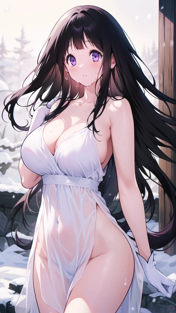 Amazing Chitanda, There is only one beautiful girl，Purple Eyes, Black Hair, Very red face，Very white skin，Glowing skin，Skin as delicate as porcelain，Naturally straight hair, Straight bangs，Extremely refined，Open lips，Long flowing hair，Beautiful Girl, Like a dream，Slim，Slim waist，Soft, (Sensual), (Kawaii), Dream quality，Beautiful big breasts，White transparent loose dress，Areola，Completely naked，Lower edge of breast，White gloves，Flower decoration，Deep V neckline，Loose neckline，Wide neckline，In school，The wind blows the hair，Place your hands on your inner thighs，Thighs clamp hands，Wet skin，Sweaty and sweaty，Sweating all over，On the snow，Back to，Hips，Side body，Gluteal groove，Completely naked的臀部，Bare back，Completely naked的背部，Light transmission，（no pants），nopan，pussy juice，Bare shoulders，There are no shoulder straps，Bare neck，Exposed collarbone，Exposing breasts，Exposing breasts侧面，Exposing breasts下面，Show your waist，Show your buttocks，Show your thighs，Exposing the groin，（No pants），extremely shy，Ultra-high resolution, (masterpiece:1.2, best quality), (Delicate and beautiful eyes: 1.2), (Beautiful and delicate face)