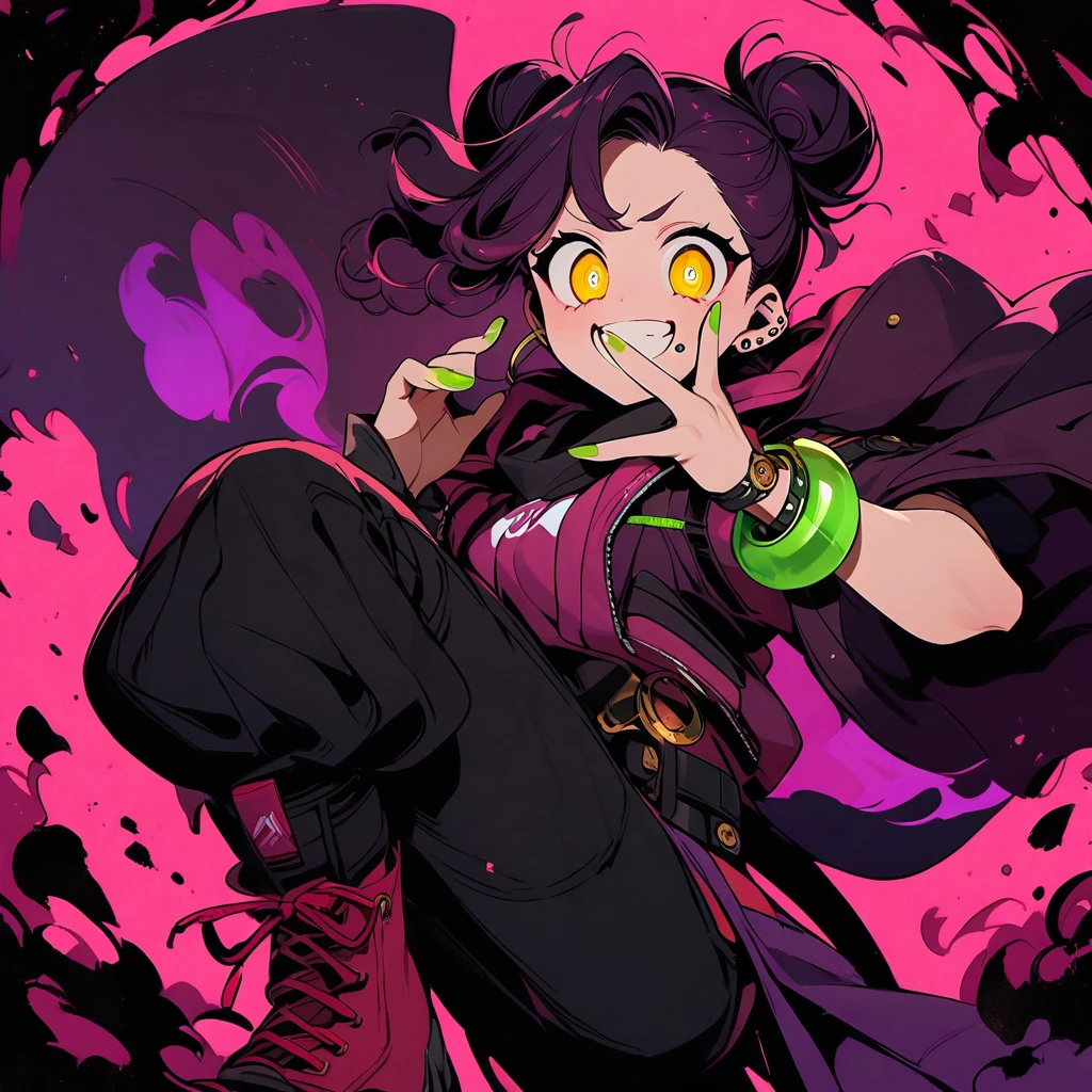 (well done: 1) man, dark pink long curly hair tied in a bun, yellow eyes, mouth piercing, green bracelet, green nails, white t-shirt with a symbol in the middle, pink jacket, black pants, high boots.