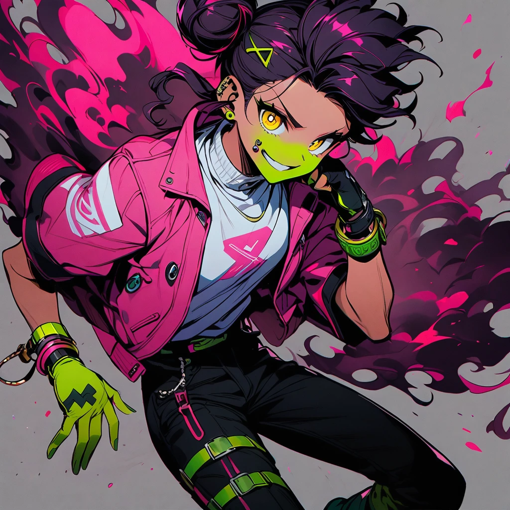 (well done: 1) man, dark pink long curly hair tied in a bun, yellow eyes, mouth piercing, green bracelet, green nails, white t-shirt with a symbol in the middle, pink jacket, black pants, high boots.