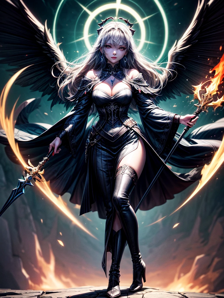 In the middle of the burning battlefield filled with broken swords and dead sodiers stand beatiful female fallen angel with black wings , she have beautiful face her eyes is golden yellow she have dark red lipstick and black eyeshadows she have piersing ring on her lip and cross shaped earrings on her ears her hair golden blond with black highlights with a blood red halo above her head, she dressed in sexy black leather armor with long skirt and black highheels boots with betal parts she have mystic symbols tattoo on her shouders, in her hand she holding long spear, (ultra high quality fantasy art, ghothic dark fantasy style, masterpiece, ultra high quality character design, 8k quality anime art, realistic anime art, top quality wallpaper illustration, detailed ultra high quality accurate face, high quality design and accurate physic)