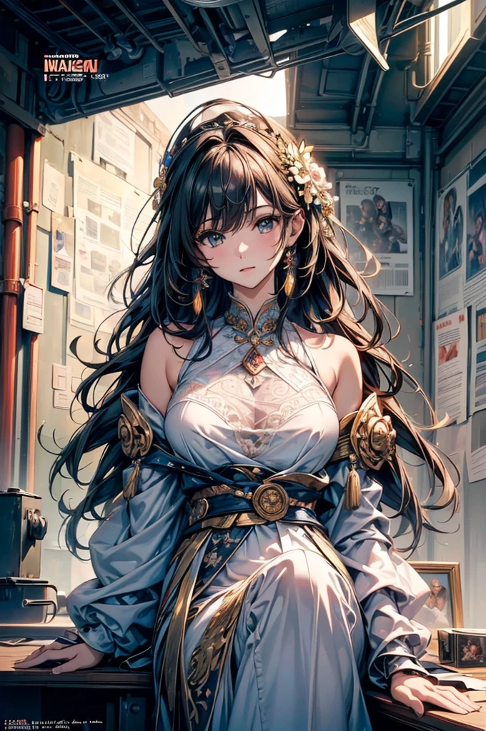 (original photo, best quality), (Practical, photo-Practical:1.3),best quality,Very detailed,masterpiece,Super detailed,illustration,1 Girl,superior_Body,Dynamic Angle,world masterpiece theater,messy_long_hair,best quality,Extremely detailed CG Unity 8K wallpaper,ink,Astonishing,Movie Lighting,lens_Flare, Dunhuang_style, (magazine:1.35) (cover-style:1.3)