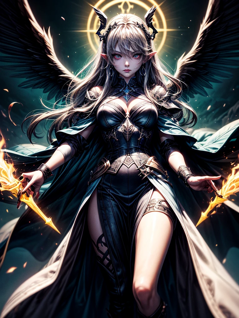 In the middle of the burning battlefield filled with broken swords and dead sodiers stand beatiful female fallen angel with black wings , she have beautiful face her eyes is golden yellow she have dark red lipstick and black eyeshadows she have piersing ring on her lip and cross shaped earrings on her ears her hair golden blond with black highlights with a blood red halo above her head, she dressed in sexy black leather armor with long skirt  and black highheels boots with betal parts  she have mystic symbols tattoo on her shouders, in her hand she holding long spear, (ultra high quality fantasy art, ghothic dark fantasy style, masterpiece, ultra high quality character design, 8k quality anime art, realistic anime art, top quality wallpaper illustration, detailed ultra high quality accurate face, high quality design and accurate physic)