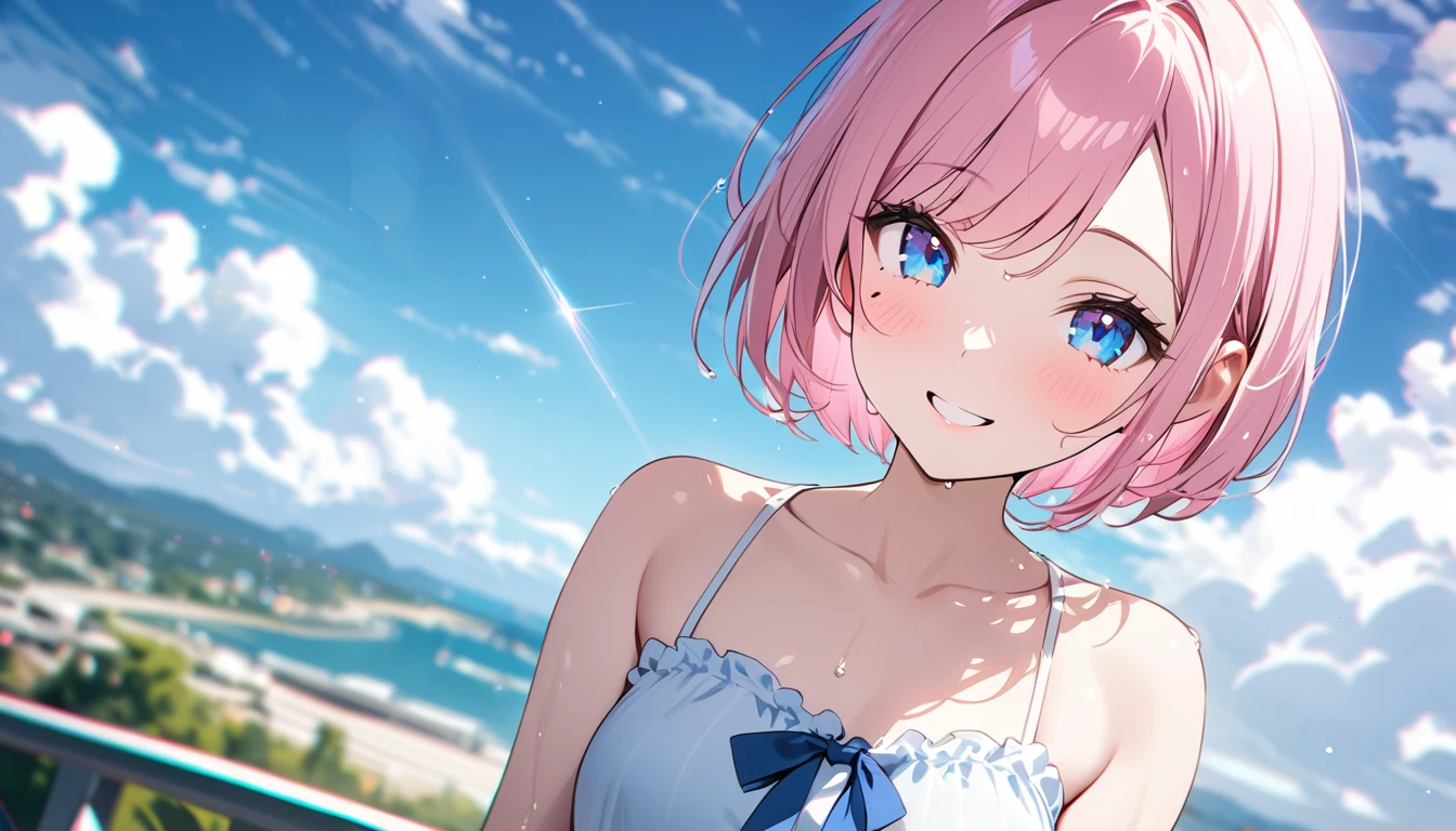 (1 girl),(Best Picture Quality, 8K, Masterpiece:1.3), (high student:1.5), ((pink lob hair:1.1)), (bob cut),(swept bangs), (cute eyes, pupil black, iris skyblue, youthful face), (mole under right eye), (standard weight), (small breasts), (glistening skin:1.1),(pale skin:1.2),(sundress),((Gyaru fashion:1.3)),(wet:1.1),(blue sky, blurry, blurry background, chromatic aberration, cloud, cloudy sky, day, depth of field, glint, outdoors, sky),(magnificent view),((overlooking)),(smile).