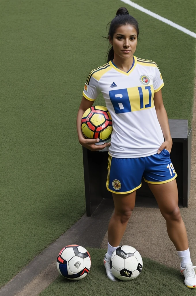 A full body woman, sexy wearing t-shirt and shorts of the Colombian national team, at his feet holding a soccer ball.