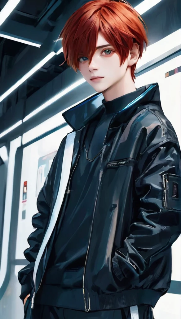 best quality, masterpiece, solo, 1boy,red hair, futuristik, jacket, red eyes, white beckground, standing, black shoes
