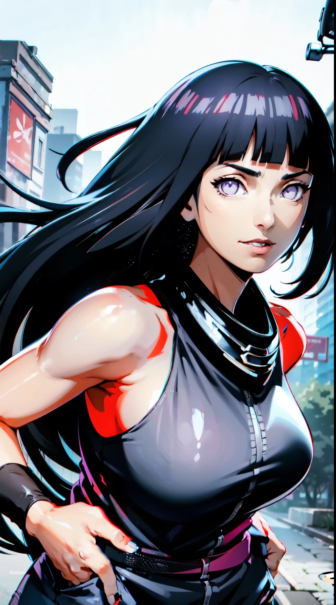masterpiece,stunning realistic,best quality,sharpness,sharp face,smil,Rot im Gesicht sein,Photo of the upper body
black long hair,purple eyes,big ,tanktop,cargopants with many pockets,black cloak,silver necklace,silver chain,black gloves
