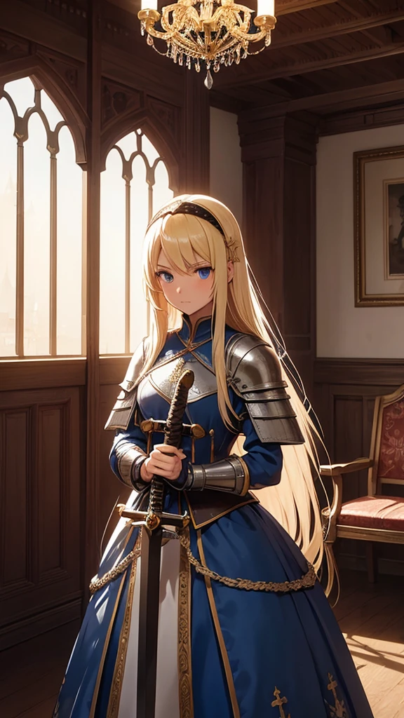 Inside the castle,inside the room,1 30-year-old female、Blonde long hair、Knight Commander、casual dress,hairband、cross arms,(Holding a sword、Claymore Great Sword),