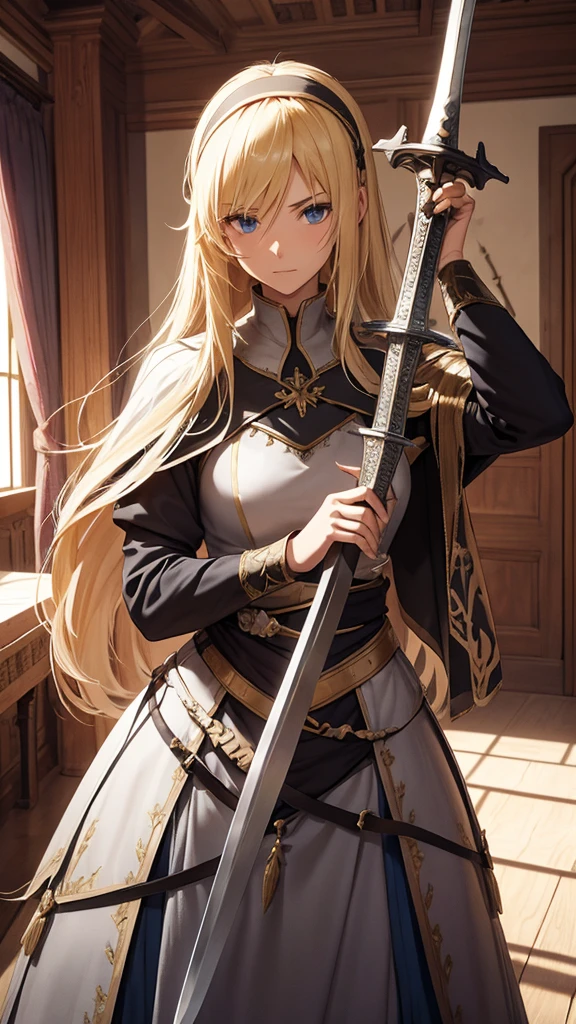 Inside the castle,inside the room,1 30-year-old female、Blonde long hair、Knight Commander、casual dress,hairband、cross arms,(Holding a sword、Claymore Great Sword),