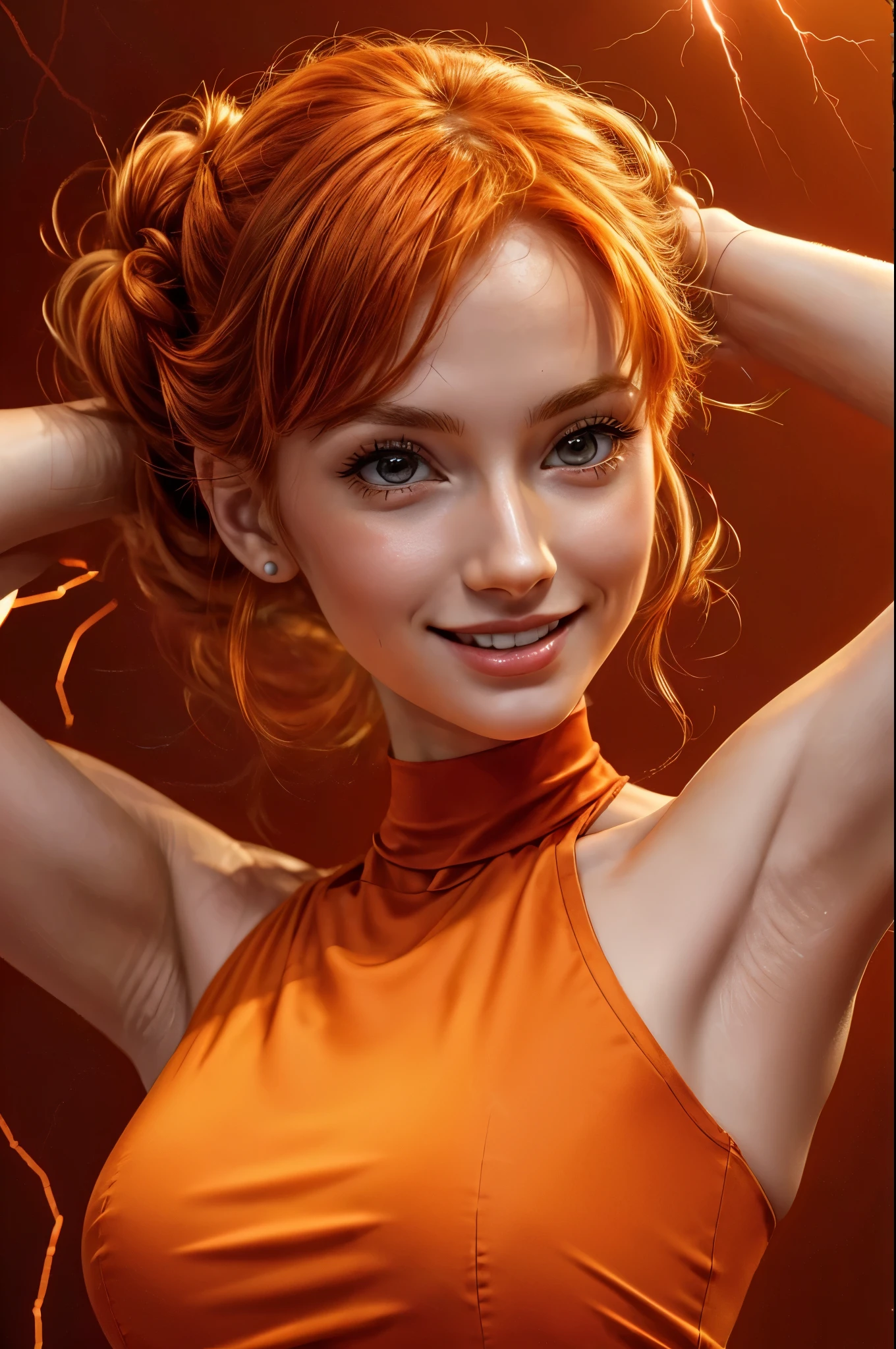 orange background, lightning around her, light effect