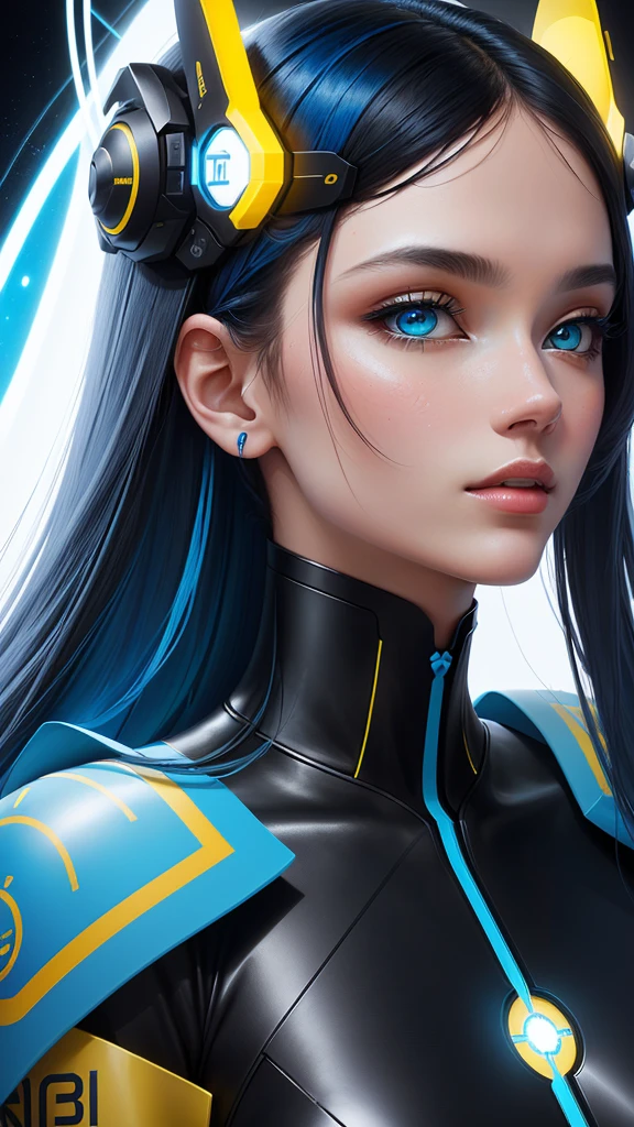 Close-up of two posters,There is a woman with a halo on her head, Futuristic art style, blue and yellow theme, Weird art style, Stunning art style, unearthly art style, blue and yellow color theme, AI-assisted digital, Hand drawn cartoon art style, beautiful Black blue yellow, Digital Art Style, Invert colors, White + blue + Kaneko + Black