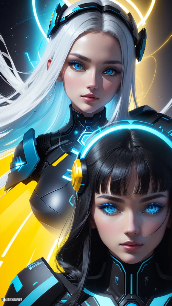 Close-up of two posters,There is a woman with a halo on her head, Futuristic art style, blue and yellow theme, Weird art style, Stunning art style, unearthly art style, blue and yellow color theme, AI-assisted digital, Hand drawn cartoon art style, beautiful Black blue yellow, Digital Art Style, Invert colors, White + blue + Kaneko + Black