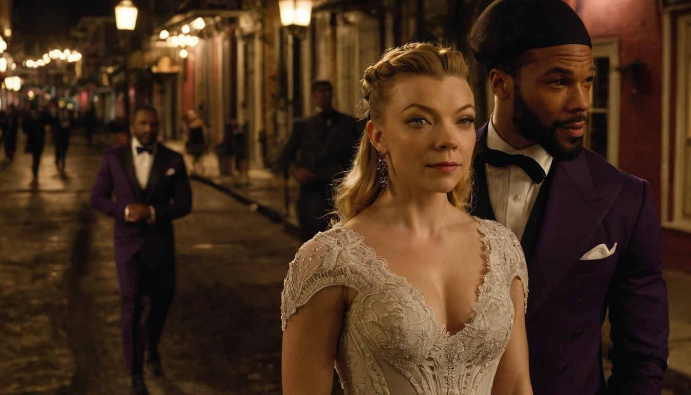 Natalie Dormer as Maman Brigitte and a handsome African American male whose facial features are a combo of Omari Hardwick + Nathan Mitchell + Yusuf Gatewood as Baron Samedi enjoy an evening stroll. Both are dressed attractively for a night on the town in New Orleans, Louisiana. The male wears a sleek black-and-purple three-piece suit. Natalie wears a white lace dress. Natalie has lovely makeup on her face. Nighttime. Gothic romantic ambiance. Symmetrical eyes. Symmetrical faces. Lovely details. Photorealistic. Full-colored photo. Professional photo. Highly detailed 8K.