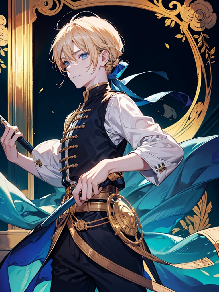 Young man with longsword , he has golden hair and low pony tail and blue eyes , he smiled.