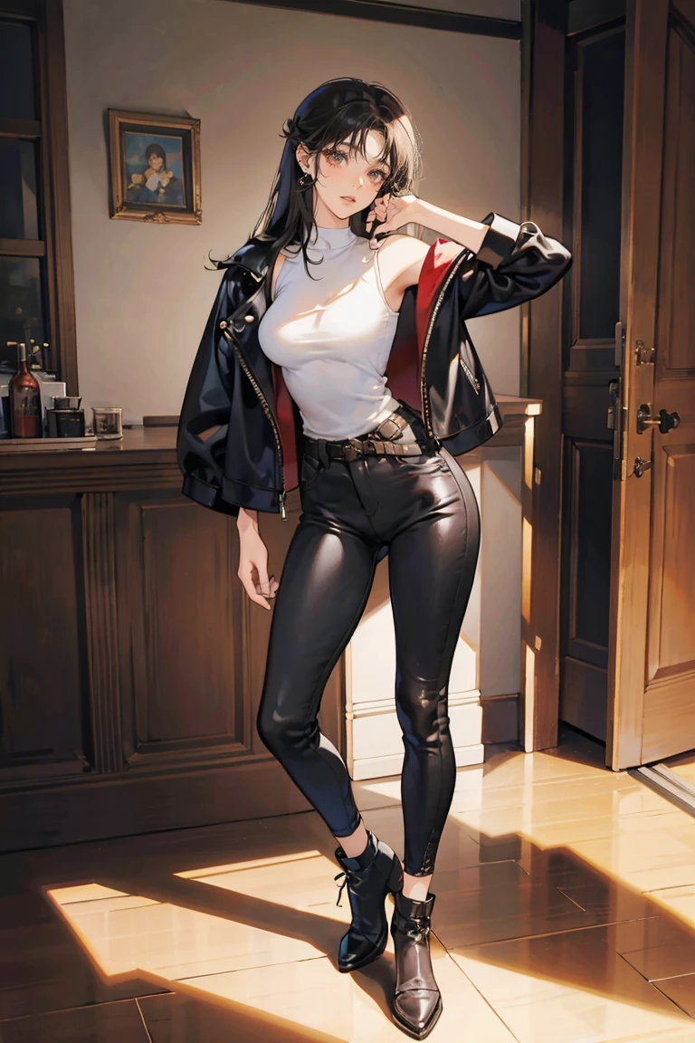 (masterpiece), best quality, small eyes, mature woman, brown eyes, long tied black hair, long nose, tan brown skin, plain white t shirt, leather jacket, loose black trousers, tall woman, long legs, full body, tall woman, long legs, long limbs, big breasts, anime cover, 1girl, ear piercings, hands in pockets, adult-like look, bad girl