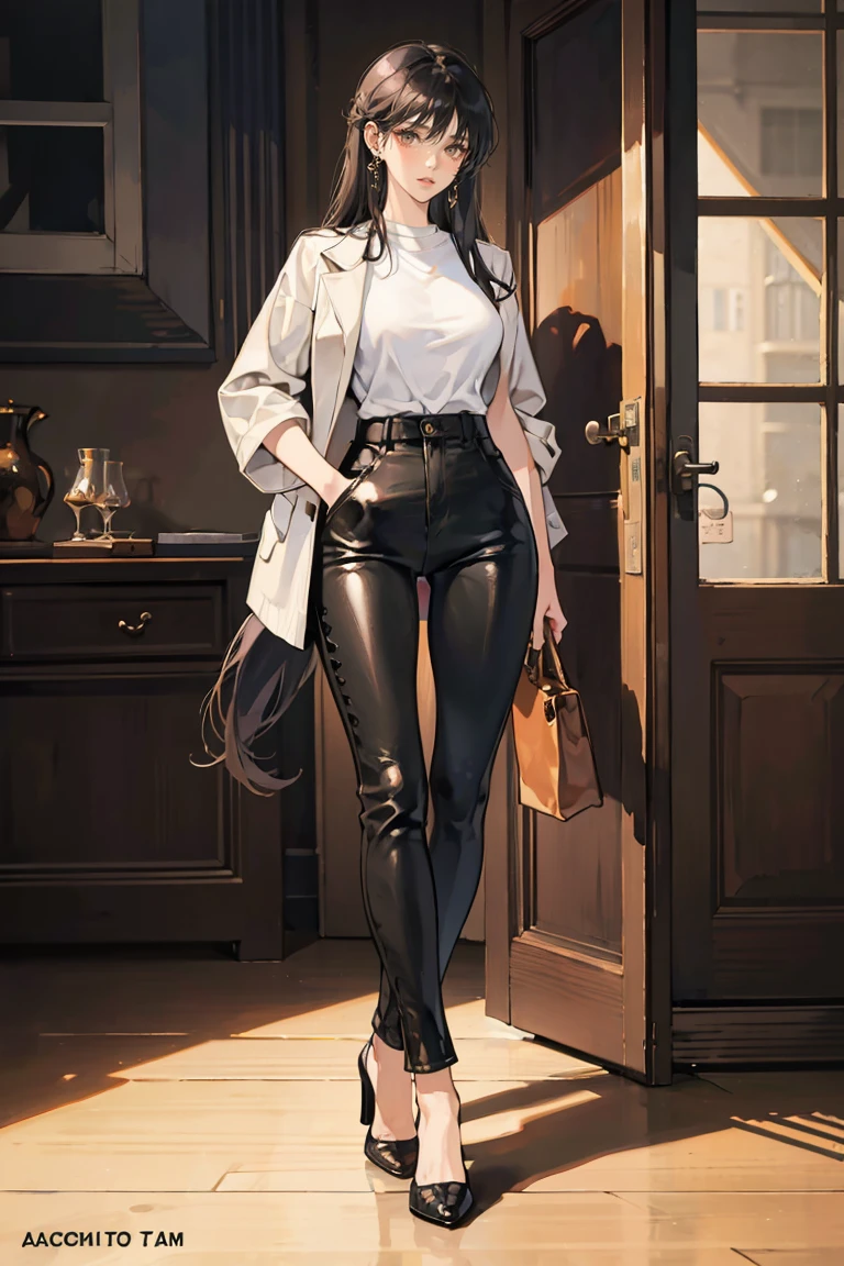 (masterpiece), best quality, small eyes, mature woman, brown eyes, long tied black hair, long nose, tan brown skin, plain white t shirt, leather jacket, loose black trousers, tall woman, long legs, full body, tall woman, long legs, long limbs, big breasts, anime cover, 1girl, ear piercings, hands in pockets, adult-like look, bad girl
