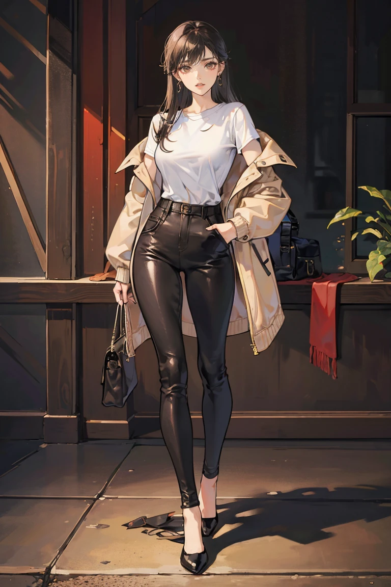 (masterpiece), best quality, small eyes, mature woman, brown eyes, long tied black hair, long nose, tan brown skin, plain white t shirt, leather jacket, loose black trousers, tall woman, long legs, full body, tall woman, long legs, long limbs, big breasts, anime cover, 1girl, ear piercings, hands in pockets, adult-like look, bad girl