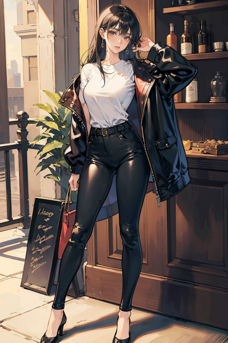 (masterpiece), best quality, small eyes, mature woman, brown eyes, long tied black hair, long nose, tan brown skin, plain white t shirt, leather jacket, loose black trousers, tall woman, long legs, full body, tall woman, long legs, long limbs, big breasts, anime cover, 1girl, ear piercings, hands in pockets, adult-like look, bad girl
