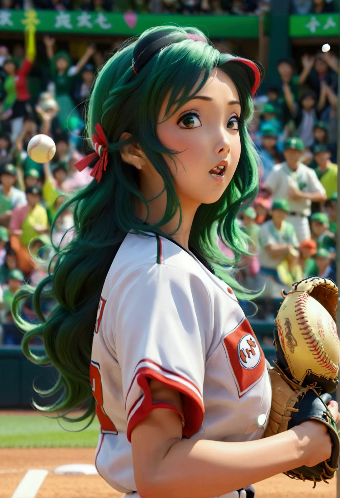 A beautiful Japanese woman (Tatsumaki,black dress, green hair) in a foxy baseball uniform pitching a ball, dynamic pitching pose, crowd cheering in the background, bokeh effect, anime style, highly detailed, intricate, vibrant colors, cinematic lighting, photorealistic, masterpiece