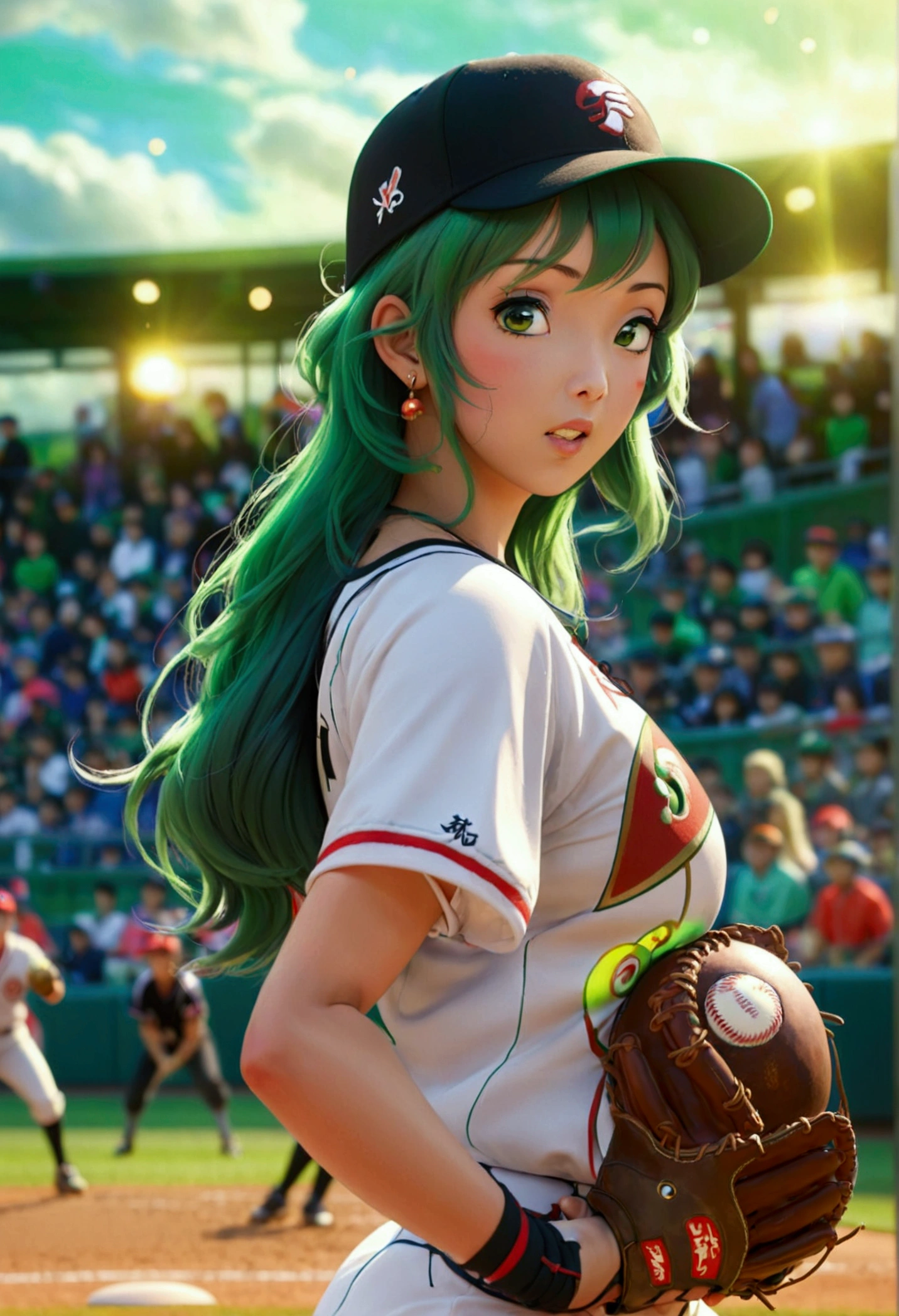 A beautiful Japanese woman (Tatsumaki,black dress, green hair) in a foxy baseball uniform pitching a ball, dynamic pitching pose, crowd cheering in the background, bokeh effect, anime style, highly detailed, intricate, vibrant colors, cinematic lighting, photorealistic, masterpiece